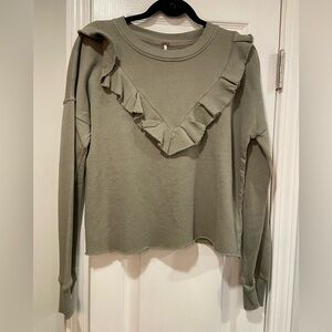 NWOT Free People Size S Sage Ooh La Ruffle Yoke Long Sleeve Raw Hem Sweatwhirt